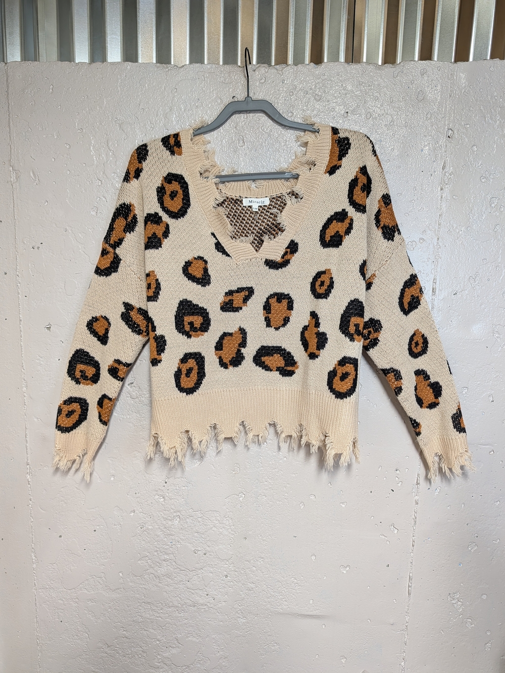 Miracle USA Distressed Leopard Print Knit Sweater Grunge Y2K